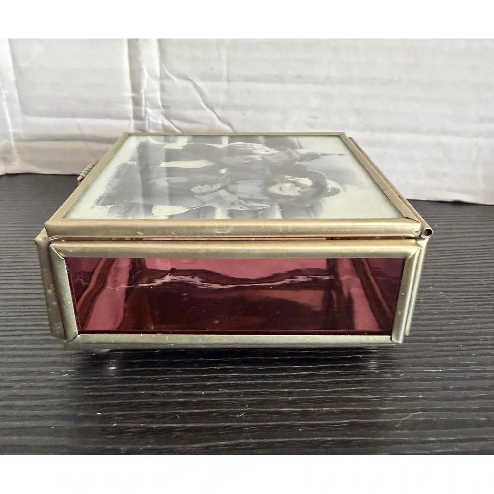 Vintage Enesco Stained Glass Jewelry Box Cranberry Purple Brass Photo Lid Mexico